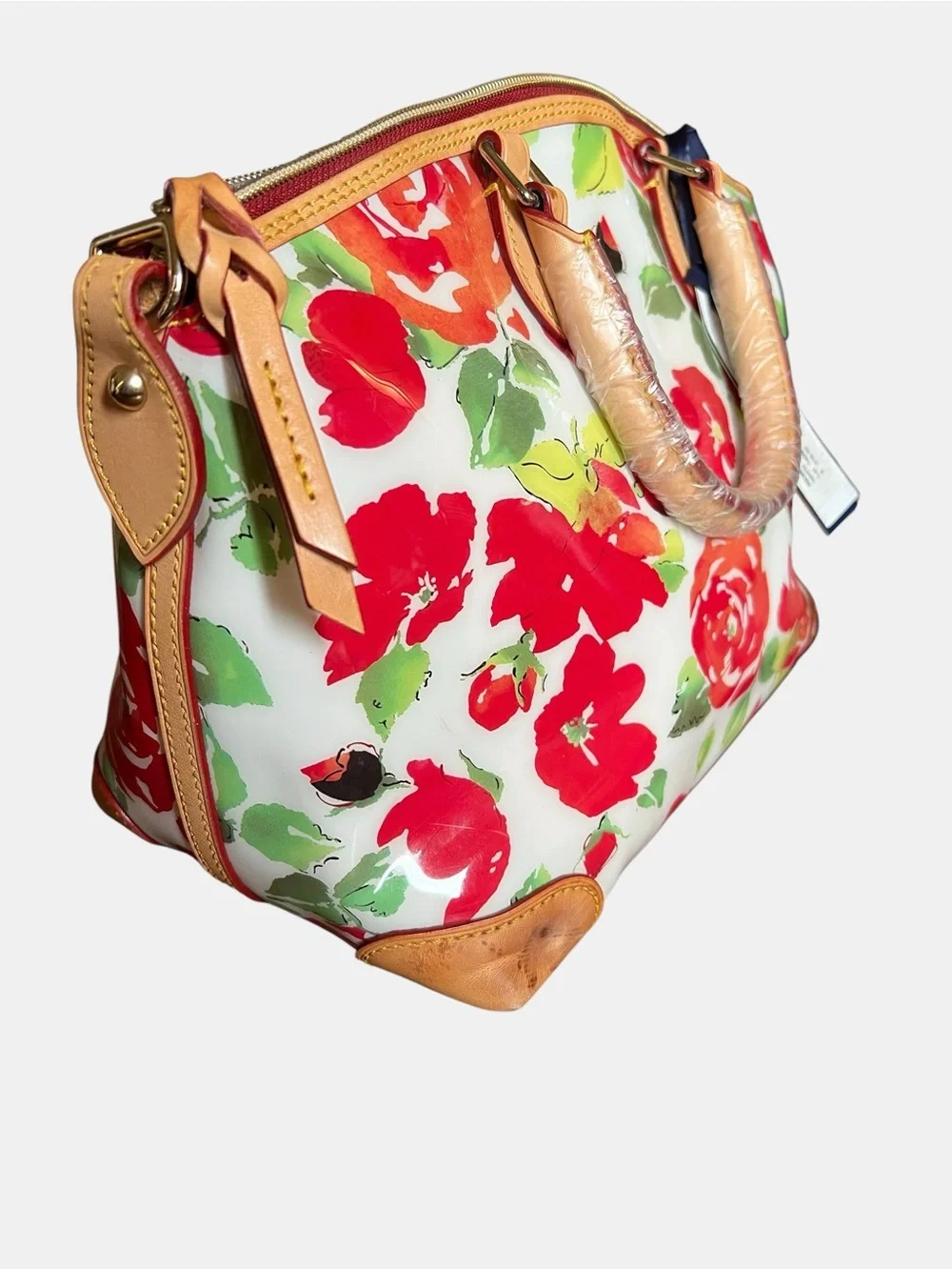 Dooney & Bourke Floral Dome Satchel with Red Floral Print and Tan Leather Trim